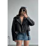 Yeni Sezon Oversize Kadın Siyah Biker Deri Ceket