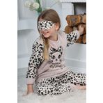 Yeni Sezon Sonbahar/Kış Kız Çocuk Leopar Desenli Polar Pijama Takımı 4103-Krem Rengi