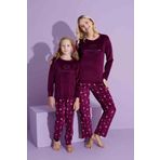 Yeni Sezon Trend Model Kadife Anne/Kız Çocuk Pijama Takımı 2776-Mürdüm Flamingo