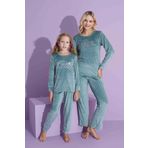 Yeni Sezon Yıldız Desenli Trend Model Kadife Anne/Kız Çocuk Pijama Takımı 2776-Mint Yeşili