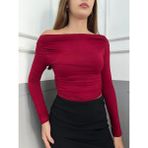 Yeni Ürün Kadın Omzu Düşük Büzgü Detaylı Viskon Kumaş Uzun Kol Bluz 0024 - 2XL - Bordo