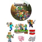 Yenilebilir Yuvarlak Pasta ve Figür Resim Baskısı Şekerli Kağıt Minecraft Temalı 36 - 1 Adet