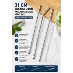 Yenilig 31 CM Paslanmaz Çelik Pipet Seti 3 Parça Eğri Düz Metal Pipet ve Temizleme Fırçası