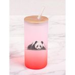 Yerde Panda Baskılı 600 ml Cam Matara- Su Matarası, Suluk Matara, Cam Pipetli Matara