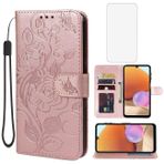 Yerebel Galaxy A32 4G Kılıf, SM-A325F SM-A325M Temperli Cam Ekran Koruyucu ile Cüzdan Kılıf, Deri Kapaklı Koruyucu Kılıf Kredi Kartı Tutucu Standı Telefon Kapağı Samsung Galaxy A32 4G için Pembe Altın