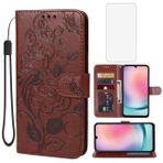 Yerebel Galaxy A34 5G Kılıf, Samsung A34 5G Temperli Cam Ekran Koruyucu Cüzdan Kılıf, Çiçek Deri Kapaklı Koruyucu Kılıf Kredi Kartı Tutucu Standı Telefon Kapağı Samsung Galaxy A34 5G Kahverengi