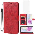 Yerebel Galaxy A35 Kılıf, Temperli Cam Ekran Koruyucu ile Samsung A35 Cüzdan Kılıf, Çiçek Deri Kapaklı Koruyucu Kılıf Kredi Kartı Tutucu Standı Telefon Kapağı Samsung Galaxy A35 Kırmızı