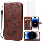 Yerebel iPhone 14 Pro için Temperli Cam Ekran Koruyuculu Cüzdan Kılıf, Çiçek Deri Kapaklı Koruyucu Kılıf Kredi Kartı Tutucu Stand Telefon Kılıfı iPhone 14 Pro Kahverengi