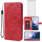 Yerebel OnePlus 7 Pro Kılıf, GM1910 Temperli Cam Ekran Koruyucu Cüzdan Kılıf, Çiçek Deri Kapaklı Koruyucu Kılıf Kredi Kartı Tutucu Stand Telefon Kılıfı OnePlus 7 Pro için Kırmızı