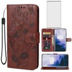 Yerebel OnePlus 7 Pro Kılıfı için, GM1910 Temperli Cam Ekran Koruyuculu Cüzdan Kılıf, Çiçekli Deri Kapaklı Koruyucu Kılıf Kredi Kartı Tutucu Stand Telefon Kılıfı OnePlus 7 Pro Kahverengi