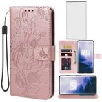 Yerebel OnePlus 7 Pro Kılıfı için, GM1910 Temperli Cam Ekran Koruyuculu Cüzdan Kılıf, Çiçekli Deri Kapaklı Koruyucu Kılıf Kredi Kartı Tutucu Standı Telefon Kılıfı OnePlus 7 Pro için Pembe Altın