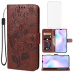 Yerebel Redmi 9A M2006C3LG/Redmi 9i M2006C3LII için Temperli Cam Ekran Koruyucu Cüzdan Kılıf, Çiçek Deri Kapaklı Koruyucu Kılıf Kredi Kartı Tutucu Standı Telefon Kılıfı Xiaomi Redmi 9A Kahverengi