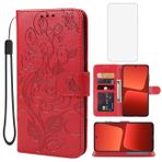 Yerebel Xiaomi 13 5G için Temperli Cam Ekran Koruyucu Cüzdan Kılıf, Çiçek Deri Kapaklı Koruyucu Kılıf Kredi Kartı Tutucu Standı Telefon Kapağı Xiaomi Mi 13 için Kırmızı