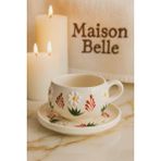 Yerel Üretici Maison Belle Kırmızı Çiçek ve Papatya Desenli Yeşil Gövdeli Seramik Fincan & Altlık – El Yapımı - Beyaz - Indigo