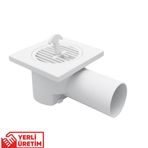 Yerli Üretim Plastik Yer Sifonu, Kare Izgara, Beyaz, ABS Plastik, 10x10 cm, 50 mm Yandan Çıkışlı, Banyo Duş Balkon Süzgeci, Sararmaz Özellikli
