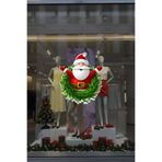 Yeşil Çelenk Detaylı Noel Baba Temalı Yılbaşı Vitrin Süsü, Cam ve Duvar için Kendinden Yapışkanlı Folyo Sticker, 43x50cm