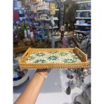 Yeşil Çiçek Dikdörtgen Rattan Tepsi 32X24CM