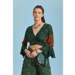 Yeşil Çiçekli Desenli İspanyol Kol Crop Bluz