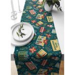 Yeşil Desenli Süet Dokuma Runner Yılbaşı Süsleri 140X40 cm - Ahşap