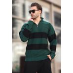 Yeşil Fermuar Yaka Çizgili Erkek Kazak E7272 - 2XL