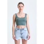 Yeşil Fitilli Kare Yaka Esnek Örme Crop Büstiyer Atlet - Haki