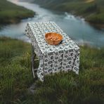 Yeşil Kamp Karavan Baskılı Pamuk Dokuma Çevre Dostu Kamp Karavan Masa Örtüsü 120 cm - 75 x 120 cm
