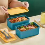 Yeşil Mega Boy 2 Katlı Yemek Saklama Kabı 2 Litre - Kendinden Çatal Kaşık Servisli Lunch Box Set