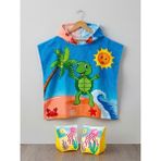 Yeşil Oyuncak 3-6 Yaş Kapşonlu Panço Çocuk Plaj Havlusu + Yüzme Kolluk Set