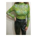 Yeşil Sarı Scuba Kumas Esnek Leopar Desen Crop Bluz