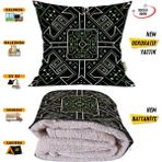 Yeşil Siyah Etnik Desen Tv Battaniyeli Opsiyonel Dekoratif Yastık Kırlent 2 In 1 Battaniye - 115 x 170 cm - Renkli