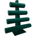 Yeşil Süet Kumaş Bileklik ve Saat Sergileme Standı, 38/34 Cm, Dört Kademeli - Ahşap