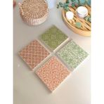 Yeşil ve Turuncu Doğal Desenli Taş Bardak Altlığı 4’lü Set, Bohem Masa Dekoru Sunumluk - 10 x 10 cm