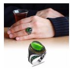 Yeşil Zirkon Taşlı Mikro Zirkon Taş Mıhlamalı Oval Tasarım 925 Ayar Gümüş Erkek Yüzük