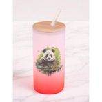 Yeşillikler Içinde Panda Baskılı 600 ml Cam Matara- Su Matarası, Suluk Matara, Cam Pipetli Matara