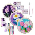 Yetişkinler için iğne yumruk kitleri, yumruk iğne nakış kiti - Yeni başlayanlar için 3 Floral Art iğne punch coaster kit seti,Tepeli halı pedleri, hazırlama malzemeleri, severler için çemberlerle sana