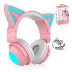 Yetişkinler için Kedi Kulak Bluetooth Kulaklık, Çocuklar için Güzel Kulaklıklar, LED Işıklı Kulak Üstü Kablolu Kulaklıklar, Dahili Mikrofonlu Katlanabilir Kablosuz Kulaklık, Telefon/PC/Tablet/TV ile