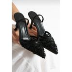 yezy shoes Dantel İnci Detaylı Lastikli Topuklu Ayakkabı Gelinlik Nişanlık Abiye Stiletto Siyah
