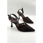 yezy shoes Dantel Nakış Detay Bilekten Bağlamalı İnce Topuklu Kadın Ayakkabı Acı Kahve