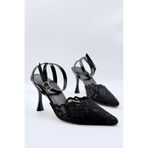yezy shoes Dantel Nakış Detay Bilekten Bağlamalı İnce Topuklu Kadın Ayakkabı Siyah