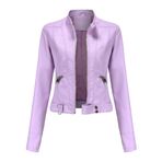 YFFUSHI Kadın Klasik Suni Deri PU Moto Biker Ceket Kısa Slim Fit Günlük Fermuarlı Ceket, mor (Light Purple), L
