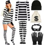 Yi-gog Cadılar Bayramı Bankası Soyguncu Kostüm Seti Erkek Kadın, Hırsız, Hırsız Cosplay Kıyafet Aksesuarları, Siyah & Beyaz Çizgili Tişört