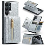 Yidai-Silu Galaxy Note 20 PU deri Kılıf 【Fermuarlı Kılıf, Araba Dayanağı】 Samsung Galaxy Note 20 6,7 inç için Simli Çıkarılabilir Manyetik Cüzdan Kılıf Görüntüleme Standı Kart Tutucu TPU Kılıf - Gümüş