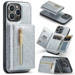 Yidai-Silu iPhone 12/12 Pro PU deri Kılıf 【Fermuarlı Kılıf, Araba Dayanağı】 Simli Çıkarılabilir Manyetik Cüzdan Kılıf Görüntüleme Standı Kart Tutucu TPU Kapak iPhone 12/12 Pro 6,1 inç için - Gümüş