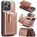 Yidai-Silu iPhone 13 PU deri Kılıf 【Fermuarlı Kılıf, Araba Dayanağı】 Parlak Çıkarılabilir Manyetik Cüzdan Kılıf Görüntüleme Standı Kart Tutucu TPU Kapak iPhone 13 6.1 inç için - Pembe Altın