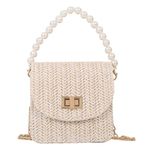 YIGEBAG Kadınlar için kare omuz çantası, hafif, nefes alır, hasır, inci, kadın el çantası, moda, yaz, boş zaman, seyahat, tatil için, Beyaz