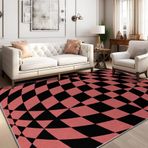 Yıkanabilir Kareli Halı 120x150 cm Kırmızı-Beyaz - Oturma Odası, Yatak Odası ve Oyun Odası için Kaymaz Destekli Kısa Tüylü İç Mekan Halısı - Şık Satranç Tahtası Tasarımı