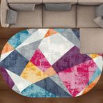 Yıkanabilir Oval Halılar Oturma Odası ve Yatak Odası Dekoru için, Çok Renkli Cam Göbeği Mavisi, Sarı, Pembe ve Gri, Modern Eskitilmiş Stil, 110 x 200 cm