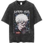 Yıkanmış Siyah Tişört Üniseks JJK Gojo Satoru Itadori Yuji Figürü Baskılı Tişört Cosplay Anime Vintage Moda Yaz Kısa Kollu Tişört Üst Günlük Spor Cosplay Hediyeler, 8 yazın, XXL