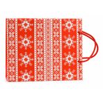 Yılbaşı Noel Kar Taneli Karton Hediye Poşeti, Kırmızı Simli Desenli, Orta Boy 32x26 cm, 1 Adet