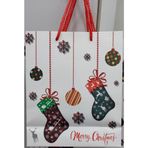 Yılbaşı Simli Karton Hediye Çantası, Merry Christmas Temalı, Renkli Süslemeli, 19.5x23.5x8 cm, 1 Adet